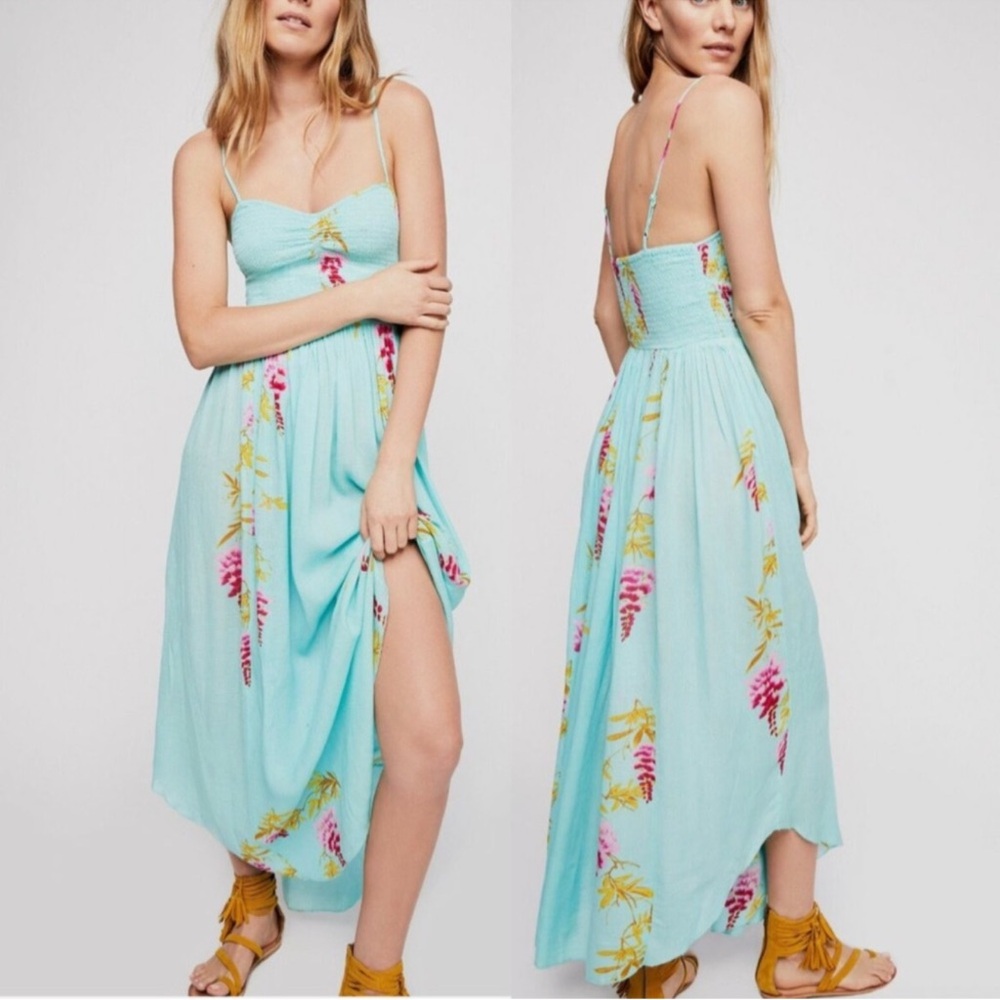 Free People Aqua High Low Dress with Floral Accents